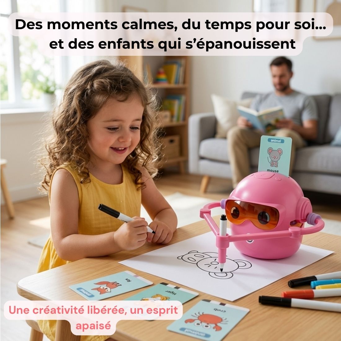 Fille utilisant Mineo en autonomie pour dessiner, activité éducative et ludique.
