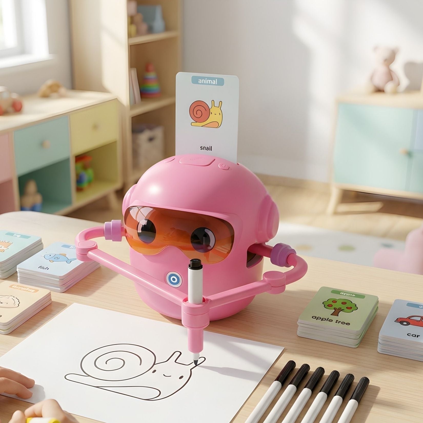 Mineo version rose installé sur une table d’activité, outil éducatif et créatif.