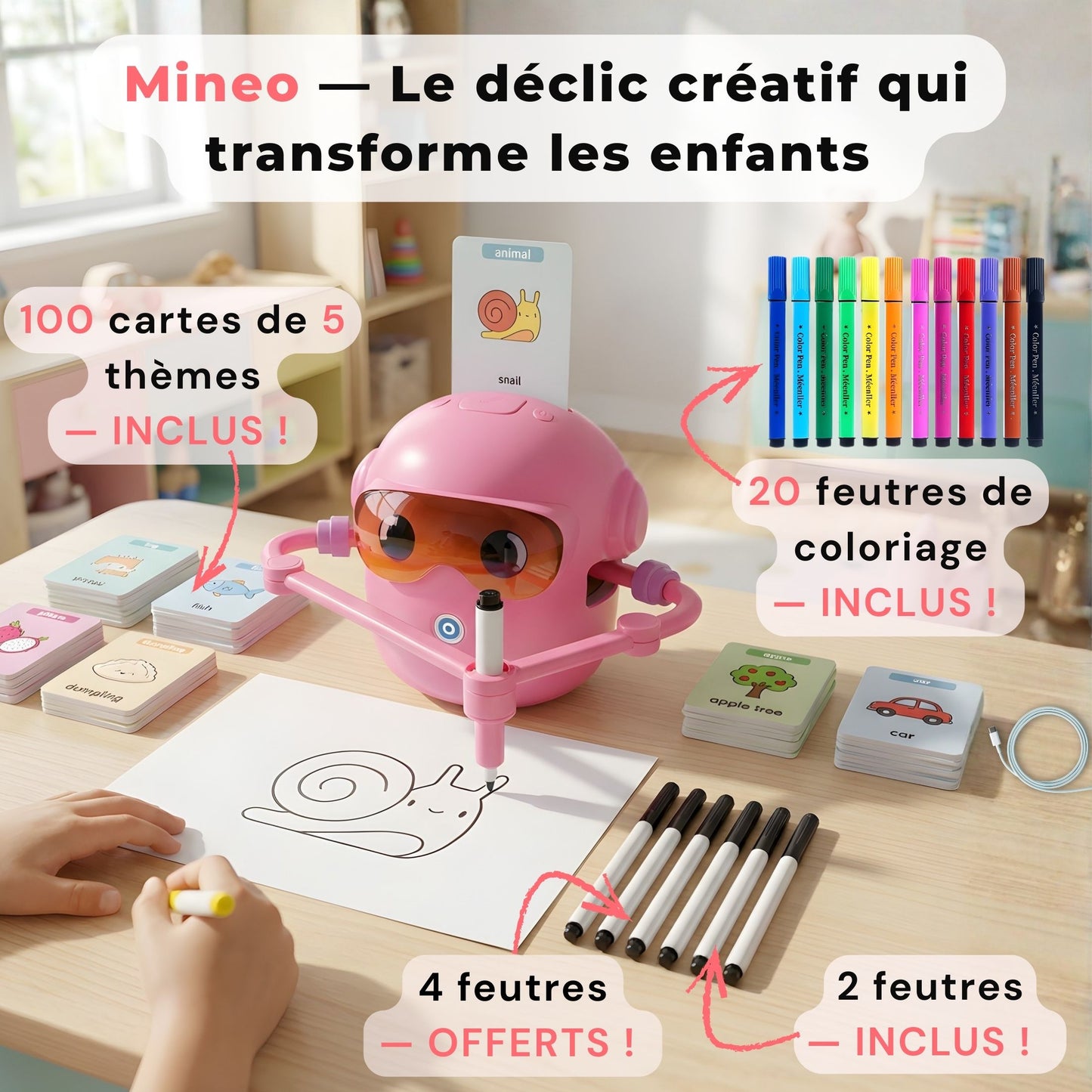 Moment de complicité entre enfant et parent avec Mineo, outil créatif stimulant l’autonomie.