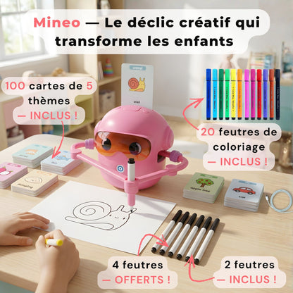 Moment de complicité entre enfant et parent avec Mineo, outil créatif stimulant l’autonomie.