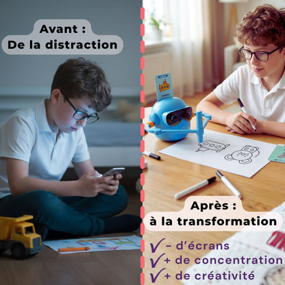 Mineo bleu en action, dessin en cours à l’aide d’une carte thématique et d’un feutre.