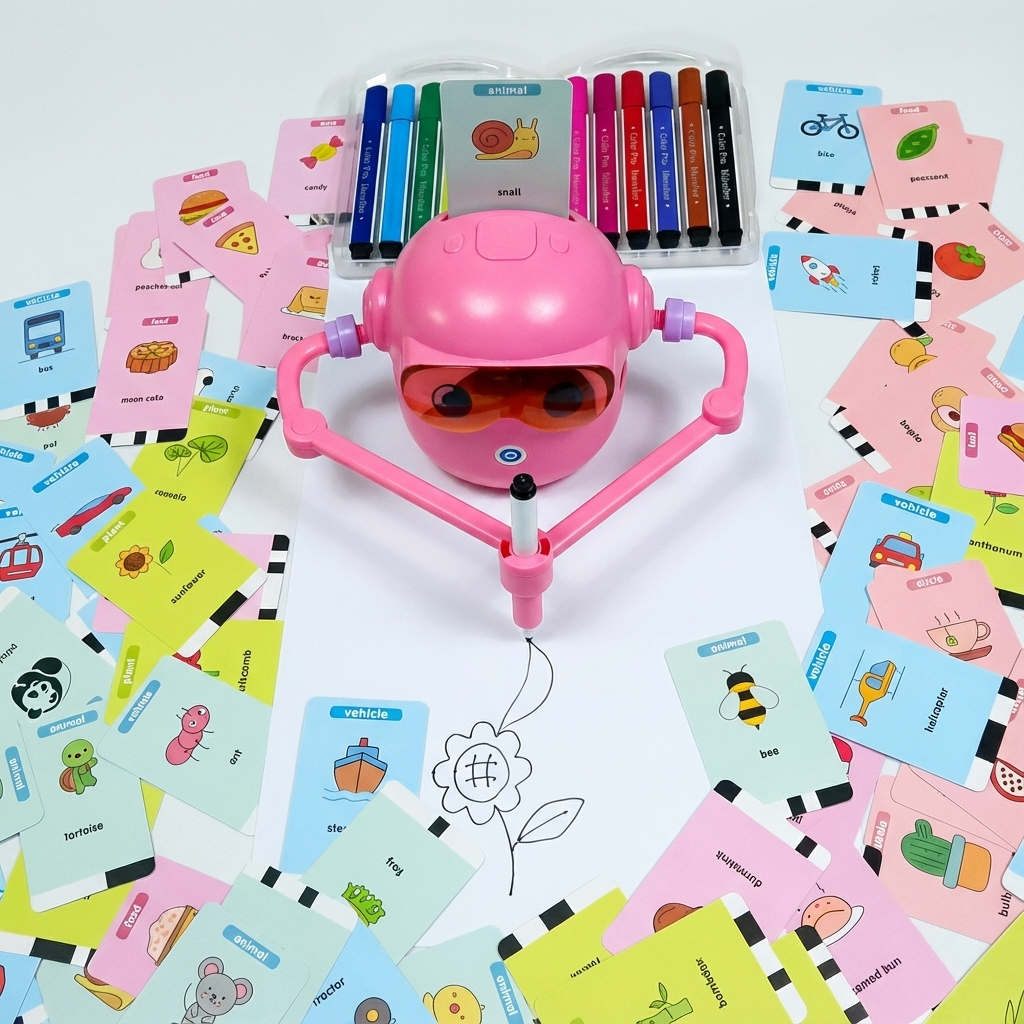 Kit créatif Mineo avec cartes, feutres colorés et appareil de dessin — activité sans écran pour enfants.